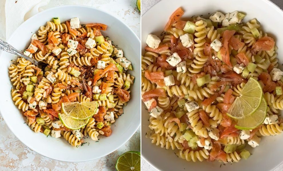 La recette de salade de pâtes au saumon, au concombre et à la feta | So Busy Girls