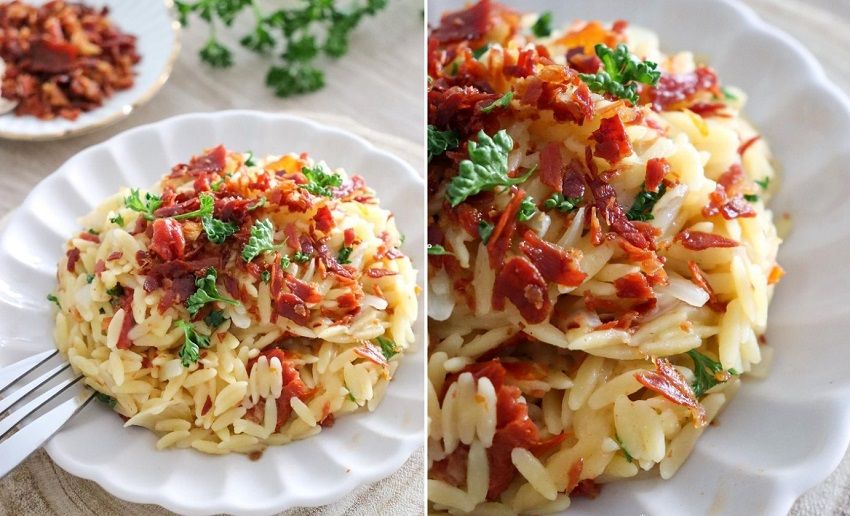 La recette d'orzotto méditerranéen aux tomates séchées et chips de jambon fumé | So Busy Girls