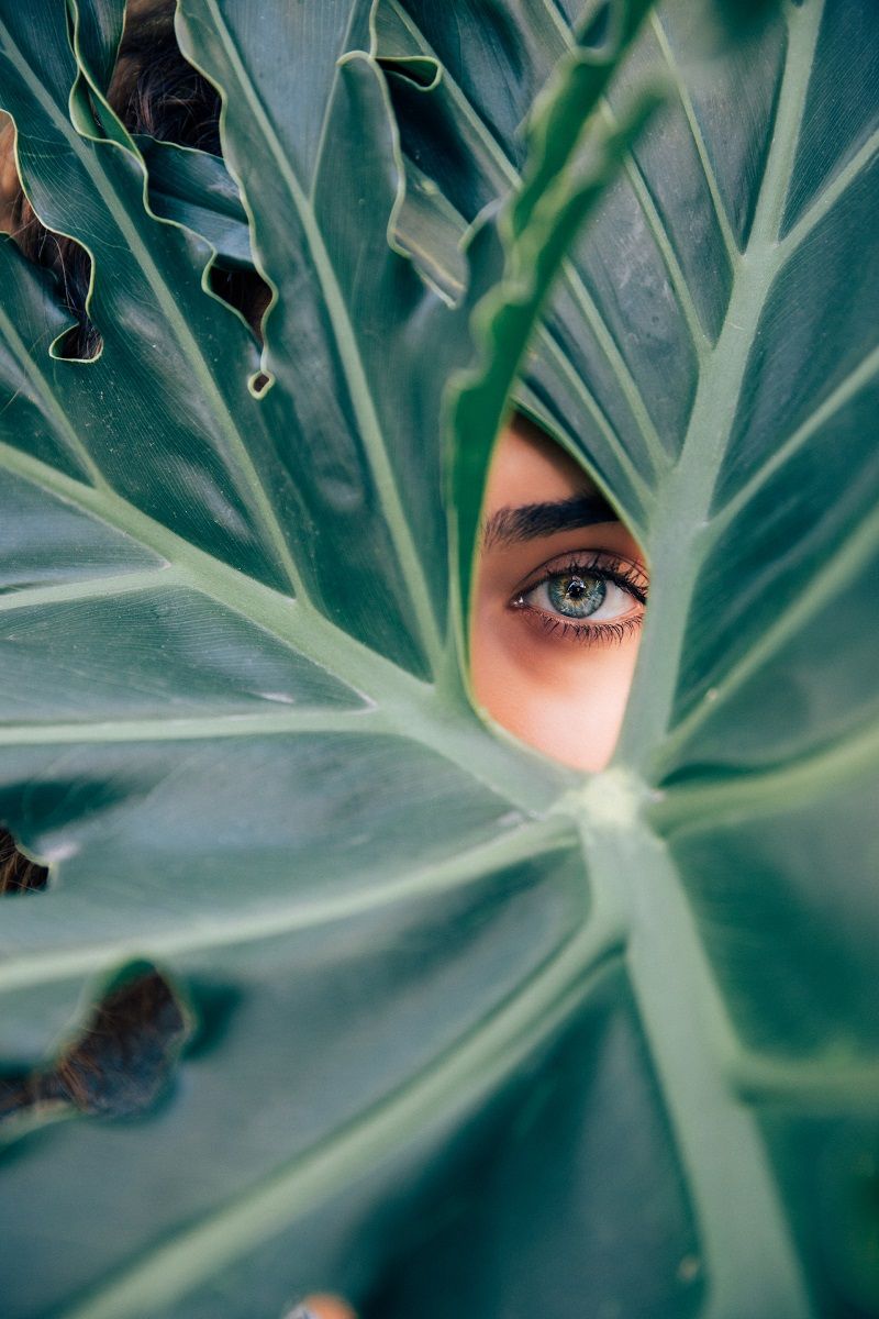 femme-feuille-verte-regard