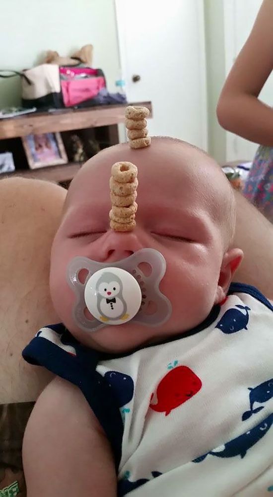 Non, ce n'est pas une blague : des papas tentent de battre le record de céréales Cheerios empilées sur le nez de leur enfant | So Busy Girls