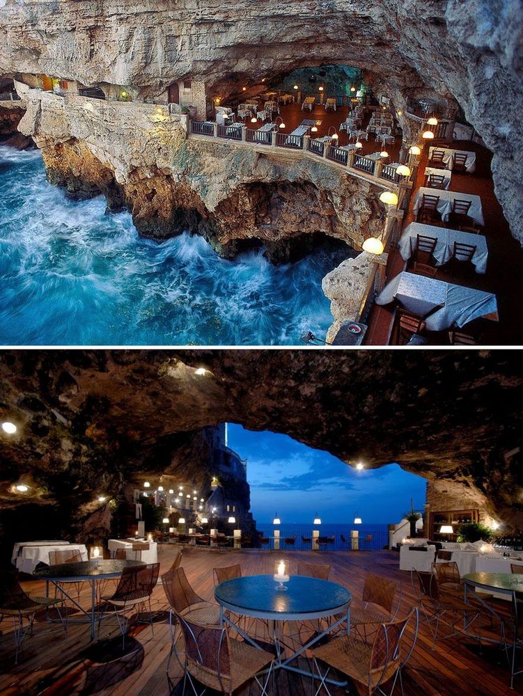 Dînez dans une grotte à l'Hôtel Ristorante Grotta Palazzese, Polignano a Mare en Italie | So Busy Girls