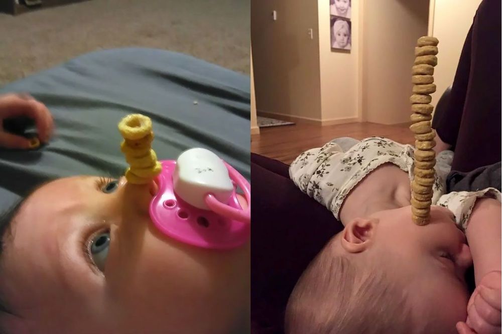 Non, ce n'est pas une blague : des papas tentent de battre le record de céréales Cheerios empilées sur le nez de leur enfant | So Busy Girls