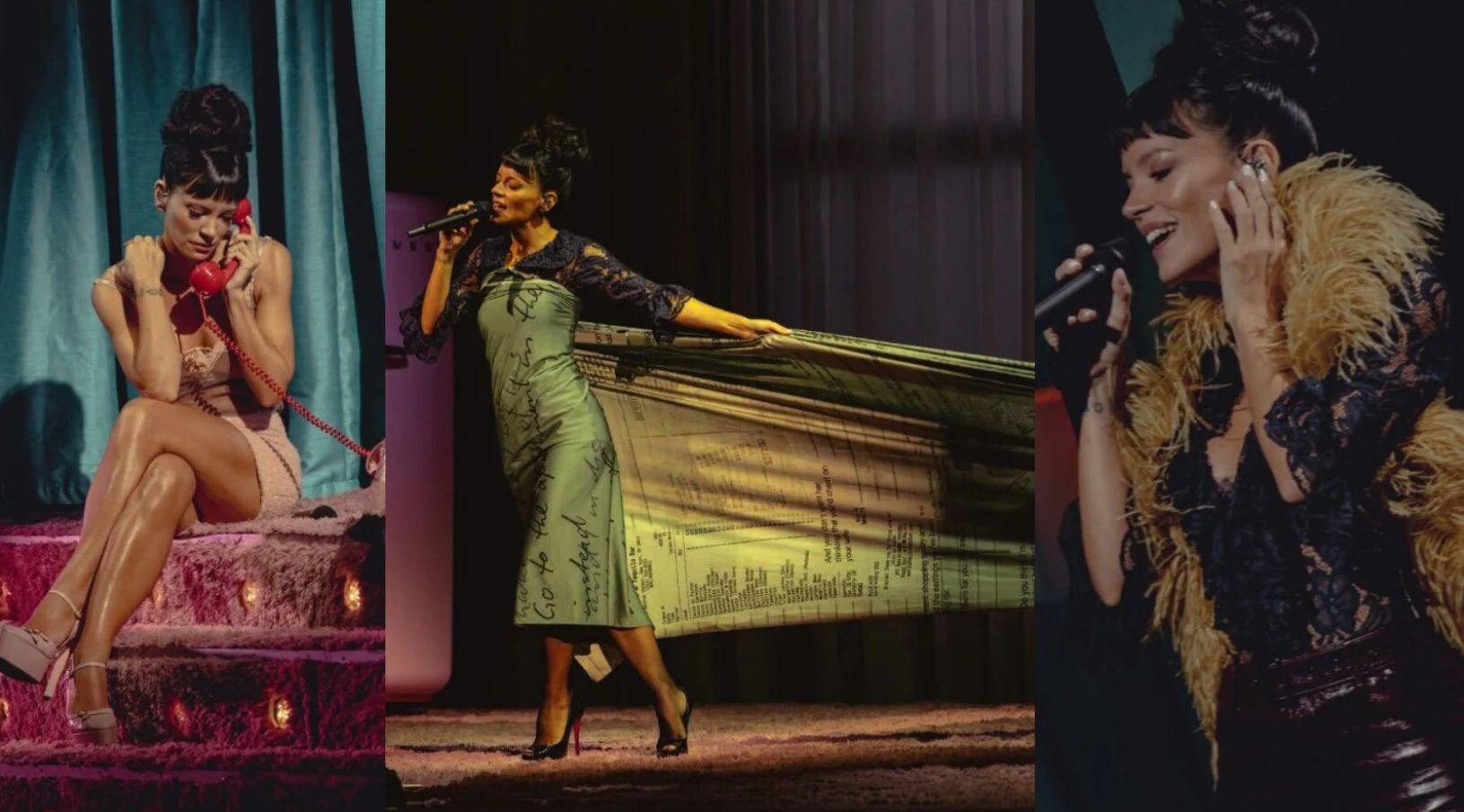 Lily Allen r&egrave;gle ses comptes : la chanteuse appara&icirc;t sur sc&egrave;ne avec une robe faite des achats de David Harbour pour ses ma&icirc;tresses