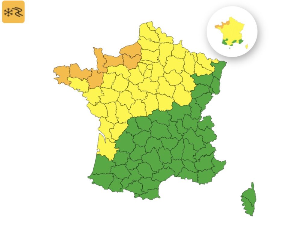 Neige-verglas : voici les 38 d&eacute;partements en vigilance jaune ce lundi 5 janvier