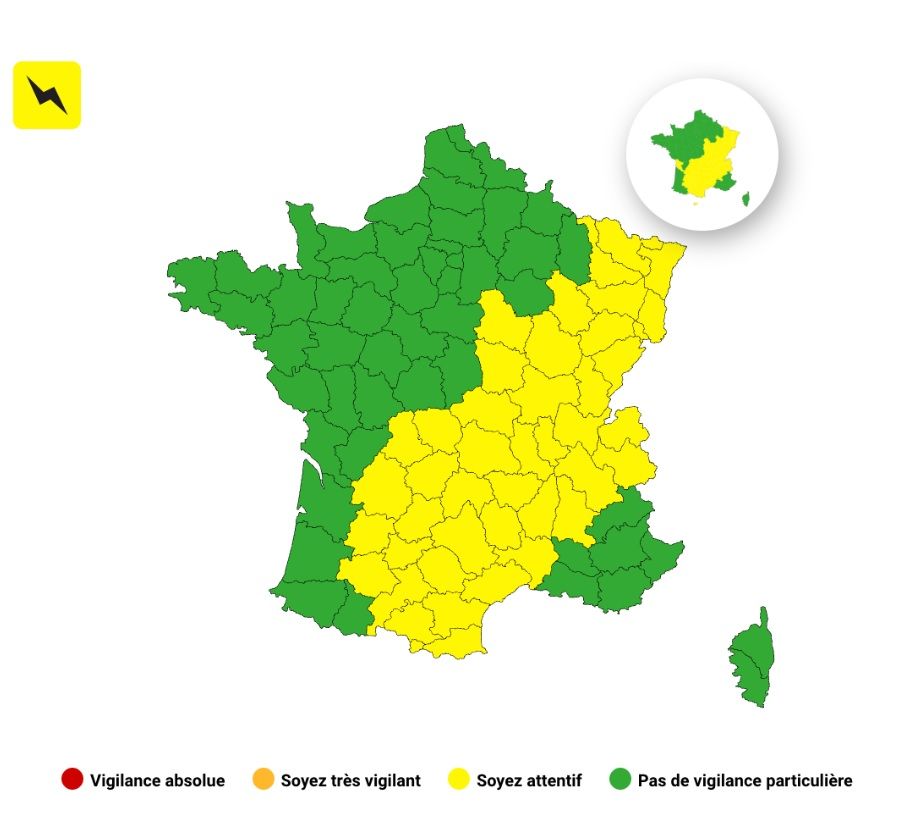 Orages : 44 d&eacute;partements plac&eacute;s en vigilance jaune ce lundi 8 septembre 2025