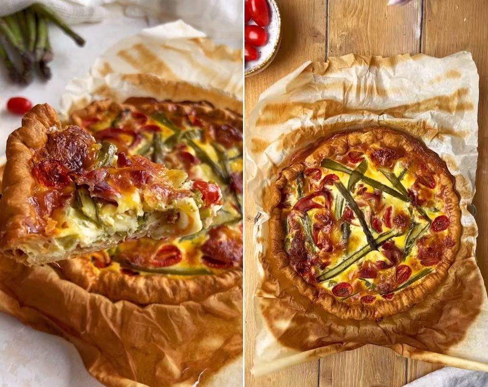 La recette de quiche aux asperges, jambon cru et tomates cerise facile