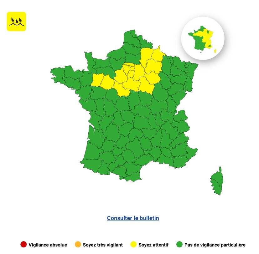 Pluie-inondation ce mercredi : voici les 18 départements placés en vigilance jaune par Météo-France