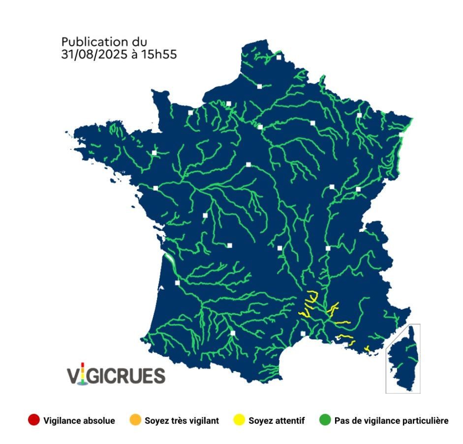 Crues : 6 départements placés en vigilance jaune ce lundi 1er septembre 2025